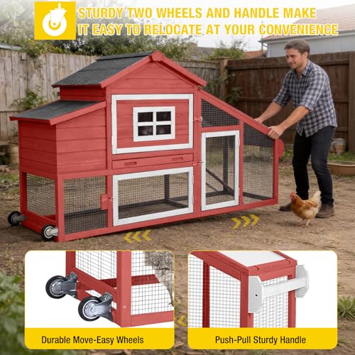 Aivituvin Chicken Coop Expandable Mobile Chicken House for Outdoor with Wheels, Nesting Box, Leakproof Pull-on Tray and UV-Resistant Roof Panel (Red, AIR23) - color: Red, size: 67.3"L x 26.0"W x 39.4"H