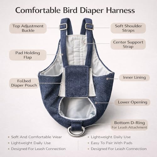 4PCS Bird Diaper Harness Kit with Disposable Pads and Flight Training Leash, Reusable Bird Diaper for Parrots Cockatiels Conures and Parakeets, Adjustable Bird Harness for Indoor Use(L) - color: L