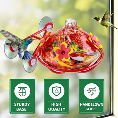 Window Hummingbird Feeder - Hand Blown Glass Mounted Hummingbird Feeder with Strong Suction Cups for Outdoor Window Mount (Red) - color: Red
