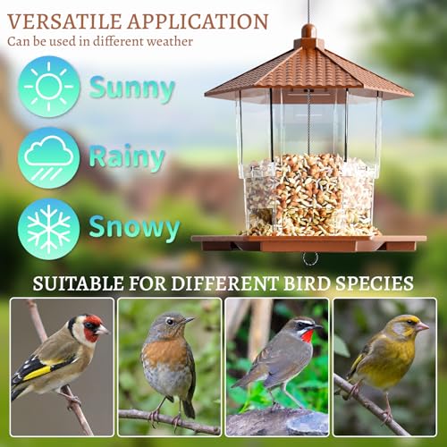 Bird Feeders for Outdoors Hanging,Large Capacity Birdfeeders for Outside Squirrel Proof,Hanging Mount Bird Seed Feeder Hopper for Cardinals,Finches Food Holder and Garden Decoration,Brown