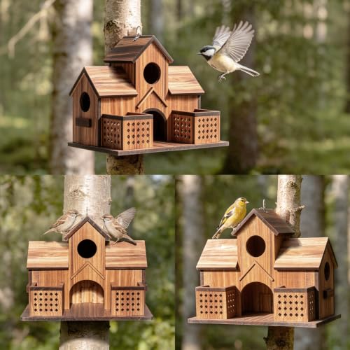 Wooden Bird Houses for Outside Outdoor 3 Hole Large Bird House with 2 Front Feeders Easy Access Cleaning Doors Martins Bluebirds Finches Cardinals Sparrows Chickadees Garden Patio& Yard