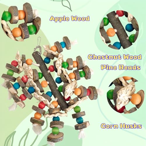 Bird Parrot Toys for Cage, 2 Pack Chew Toys with Apple Wood Slices, Cuttlebone & Colorful Blocks for Parakeets,Cockatoos, Conures, Cockatiels (Apple Wood Chips + Cuttlefish Bone) - size: Apple wood chips + cuttlefish bone