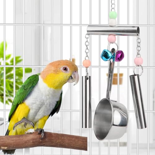 Hypeety Stainless Steel Bird Bell Toys Heavy Duty Hanging Bell Toy for Cage | Rustproof, durable, safe for metal cage, easy-hanging, with 1 spoon, for cockatoos/macaws/african grey/large parrots and bird - color: Bells+Spoon