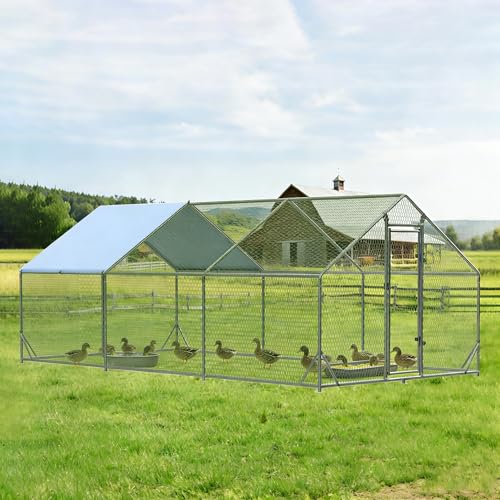 Large Metal Chicken Run Walk-in Poultry Cage Spire-Shaped Chicken Coop with Waterproof and Anti-Ultraviolet Cover for Outside,Backyard and Farm,19.6' L x 9.8' W x 6.4' H - color: Spire-Shaped Roof, size: 235.2"L x 118.0"W x 78.0"H