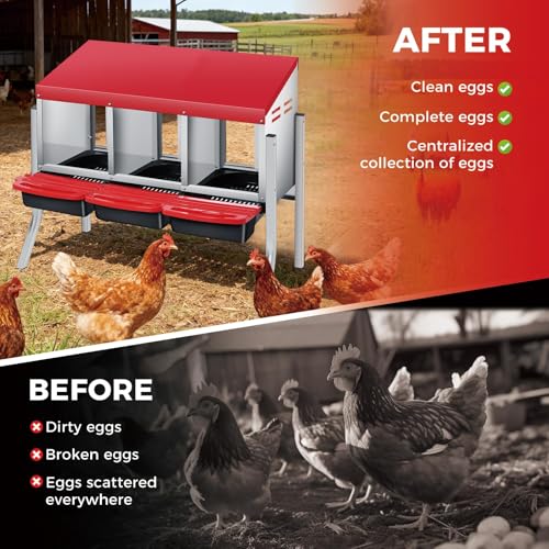 3 Holes Chicken Nesting Boxes for Laying Eggs, Wall-Mounted & Floorstanding Nesting Boxes for Chickens Ducks Geese, for Farm Backyard Chicken Coops, with Metal Leg, Red - color: Red, size: 3 Holes with metal legs