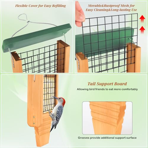 Gbekery Wooden Suet Bird Feeder for Outside Hanging, Woodpecker Suet Feeder with Tail Prop, Hanging Bird Feeder for Wild Birds, 1 Pack, Green - color: Light Green