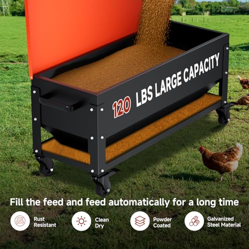 Heavy Duty Chicken Feeder 120 lbs Large Capacity, Metal Automatic Poultry Feeding Box with Waterproof Lid, Raised Standing Feeder with Wheels for Hens & Roosters, Portable & Easy to Move