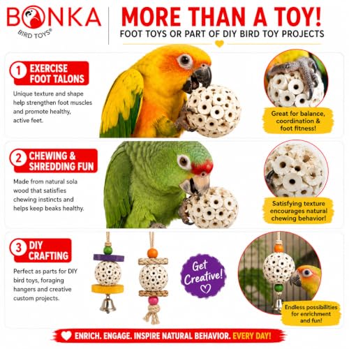 Bonka 1214 Pk3 2.25" Sola Atta Balls Bird Foot Chew Toy Small Medium | Soft lightweight natural pith encourages shredding, chewing, tossing, and foot play - color: Pk3 Sola Atta Balls