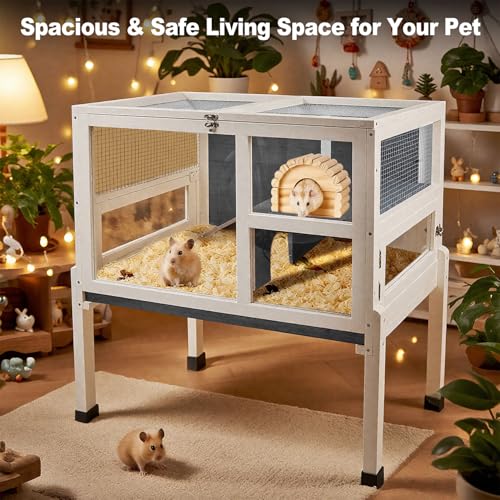 2-Story Guinea Pig Cage with Stand, Indoor Wooden Hamster Cage with Ramp, Pull-Out Tray, Hideout & Platform, Acrylic Transparent Small Animal Habitat for Chinchillas, Ferrets, Hedgehogs,Grey - color: Grey