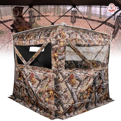 Insulated Hunting Blind for Cold Weather, 300D Oxford Ground Blind with Cotton Layer, 3 See-Through Mesh Windows, Windproof & Warm Hunting Tent for Deer & Turkey Hunting