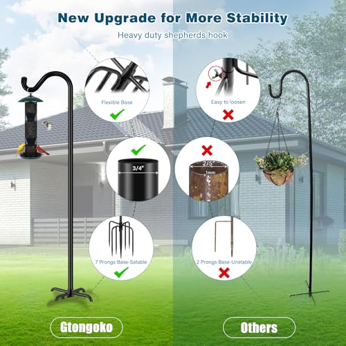 Gtongoko Shepherds Hook for Outdoor, 92 Inch Bird Feeder Pole with 7 Prongs Base, 3/4 Inch Thick Heavy Duty Adjustable Garden Hook for Hanging Plant, Hummingbird Feeder, Lantern, 1 Pack - size: 92 Inch without Baffle