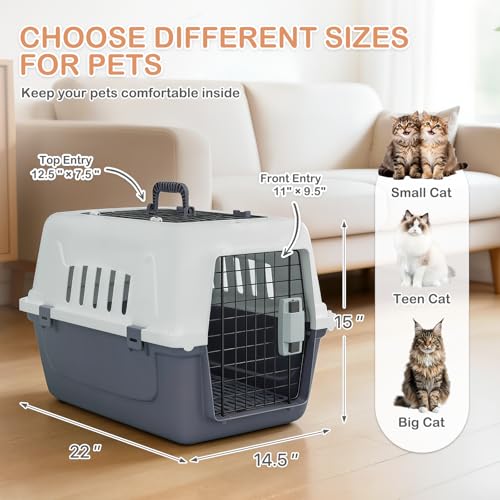22-Inch Dog Crate Plastic 2-Door Top Loading Cat Carrier, Hard-Sided Dog Travel Carrier for Small Dogs and Cats, Ventilation and Security Lock Design for Pets up to 22 lbs (Grey)