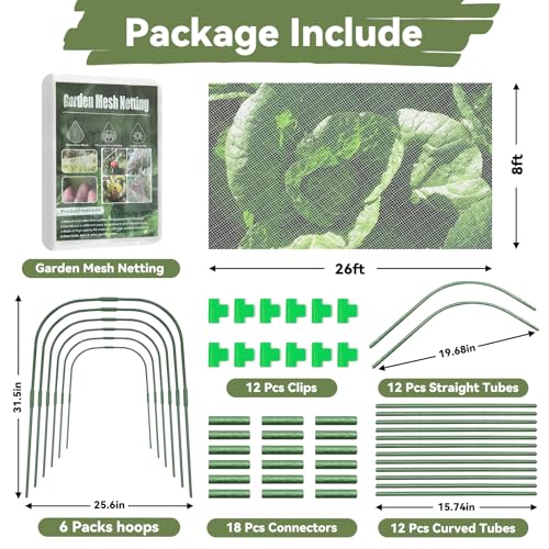Garden Mesh Netting Kit Protect Fruit Vegetable from Birds Bugs | 8 * 26FT Ultra Fine Plant Netting Covers, 6 Pcs Wide Garden Hoops & 12 Clips for Greenhouse Raised Beds - size: 8 * 26 FT (Kit)