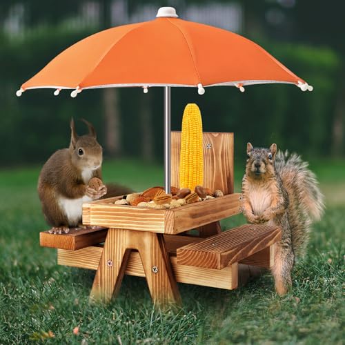Gnodary Squirrel Feeder with Umbrella, Squirrel Feeders for Outside, Squirrel Picnic Table Feeder - Chipmunk Feeder Hold Corn, Corn Cob, Peanuts (Orange) - color: Orange