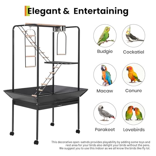 Large 66'' Black Bird Cage Play Center – Perches, Ladders, Rotating Ring, Removable Tray, Lockable Casters – Spacious Detachable Aviary for Macaw, Parakeet, Conure