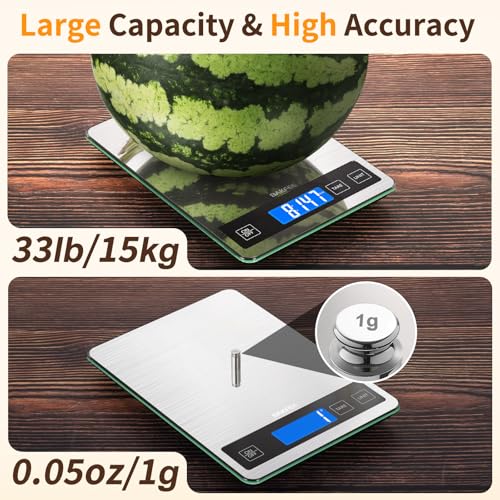 Food Scale, 33lb Kitchen Scale with 1g Precision, for Cooking, Black | Premium Stainless Steel & Tempered Glass, Splash-Resistant Sturdy Surface, 5 Units, Tare, Baking & Meal Prep - color: Non-Rechargeable-Black