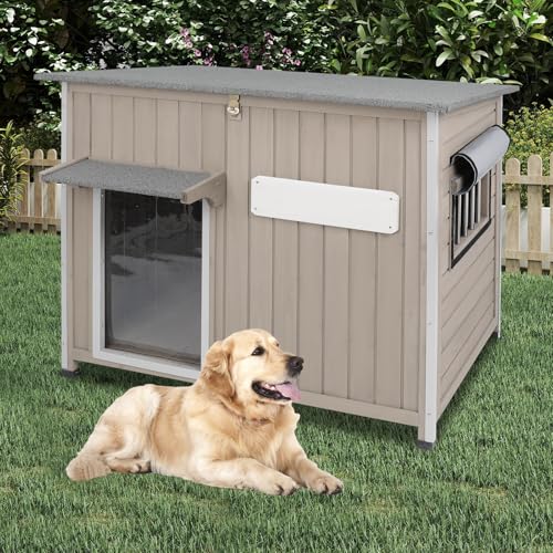 Outdoor Dog House Weatherproof, Wooden Puppy Shelter with Anti-Chewing Iron Frame and Elevated Floor, Sturdy Dog Kennel for Small, Medium & Large Dogs (Gray, 40" L x 26" W x 31" H) - size: 40" L x 26" W x 31" H
