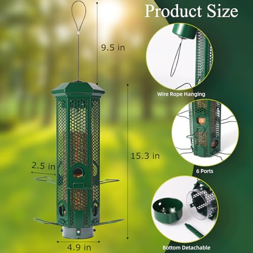 Squirrel Proof Bird Feeders with Removable Base, Metal Wild Bird Feeder for Outdoors Hanging, 6 Weight-Activated Ports Perches, 3LB Seed Capacity(Green) - color: Green