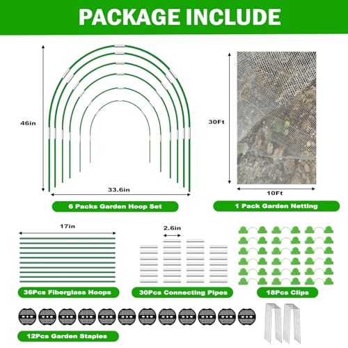 Garden Mesh Netting Kit, 10x30FT Green Ultra Fine Netting & 6 Sets 8FT Fiberglass Garden Hoops with Stake, Garden Netting with Frame for Raised Beds, Garden Hoops and Netting, Row Cover, Plant Barrier - color: Green