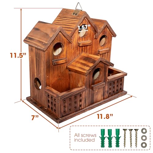 MIXUMON Bird House Outdoor with Feeder, 6-Room Wooden Birdhouse for Outdoors & Outside, Carbonized Pine Wood Bird Houses with 1.57” Entrance & Easy Clean-Out Doors - color: Carbonize