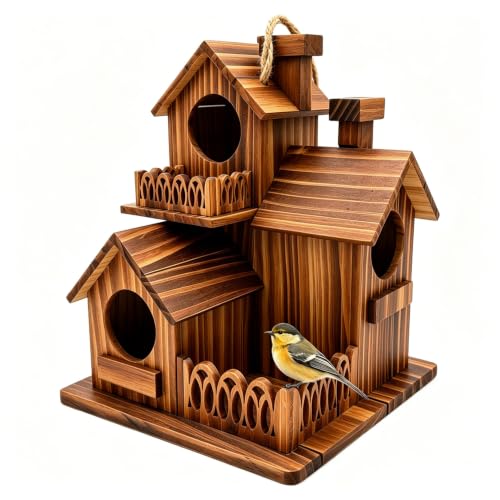 Wooden Bird Houses for Outside, 3 Compartments Villa Hanging Birdhouse, Carbonized Pine Nesting Box for Bluebird Wren Finch Backyard Garden Decor