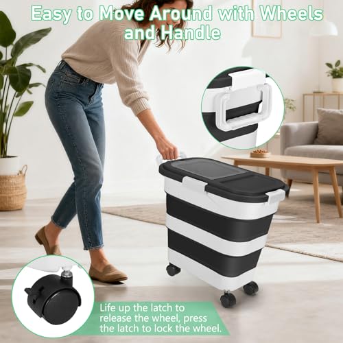 Dog Food Storage Container with Rolling Wheel and Airtight Lid, Black, 30LB | Foldable Food Storage Bins with Snap-Lid Seal to Keep Kibble, Pellets or Seeds Fresh for Dogs, Cats and Birds - color: 30 Lbs Black