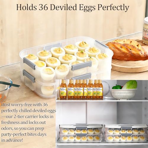 VitalYang Deviled Egg Container with Lid, Double Layer Egg Container, 36 Count Deviled Egg Tray- Secure Lock & Handle, Stackable, Leak-Proof Design for Parties & Catering, White - color: White