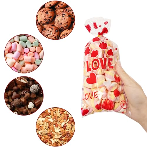 Valentines Cellophane Treat Bags, Valentines Candy Bags, 100 PCS Valentines Goodies Bags, Valentines Plastic Bags with 110pcs Gold Ties, Valentines Gift Bags for Valentines Day Party Favor Supplies - color: Red Valentines 100pcs