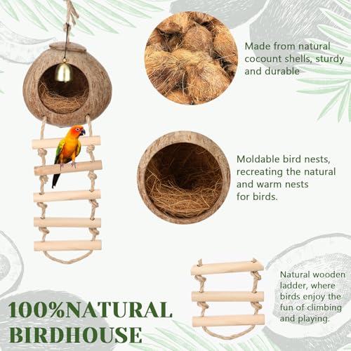 Briwooody Coconut Shell Bird Nest House Breeding Bed Nestingand Anti-Pecking Bite with Natural Coir Fiber Bird Nest Toy Bell for Parrot Budgie Parakeet Cockatiel Conure Lovebird Canary Finch(Classic) - style: Classic