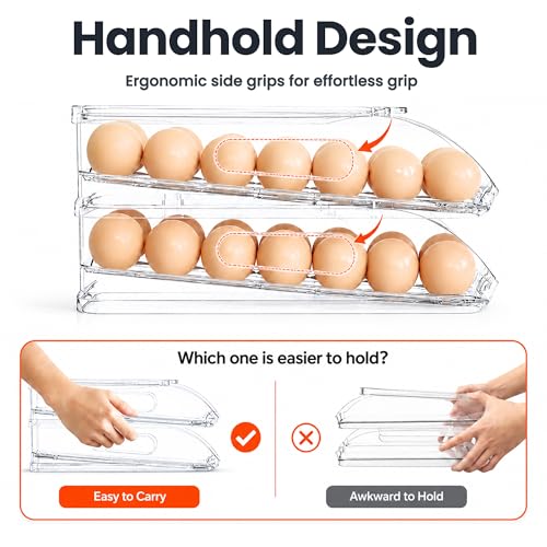 SMRCAD 18-Egg Dispenser with Silicone Bumpers, Auto-Rolling, Stackable | BPA-free food-grade PET | Stackable with lid | Built-in handle | 11.92"L x 8.85"W x 2.9"H | Hand wash only - size: 1 Tier Holder 18 Eggs（L SIZE）