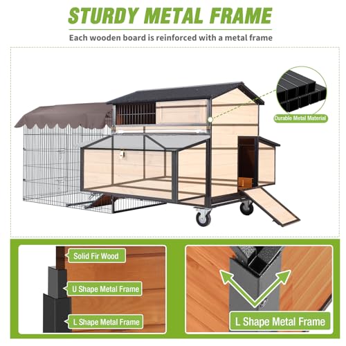 Extra Large Mobile Chicken Coop with Run, Portable Chicken Tractor with Wheels, 76.7" L Hen House Poultry Cage with All-Around Iron Frame, Metal Sliding Tray, 6 Nesting Boxes for 6-8 Chickens - size: 76.6"L x 53.8"W x 36.8"H, Fits 6-8 Chickens
