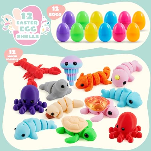 JOYIN 12Pcs Prefilled Easter Eggs with Mini Sea Animals, Articulated Toys, 3D Printed Toys, Basket Stuffers for Boys & Girls, Party Favors, Easter Egg Hunt, Classroom Supplies(Age 8+) - style: Cute
