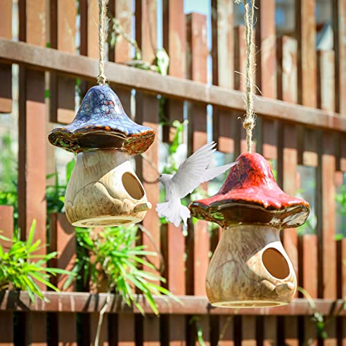 Yinns Hanging Bird House, Decorative BirdHouses for Garden Decor, 2 PSC | Birdhouses for Outside, Decorative Mushroom Ceramic Bird House for Wild Birds, Finch, Cardinal, and Bluebird - color: D-blue and red