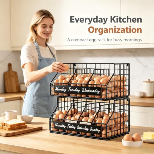 Egg Holder Countertop, 2 Tier Chicken Egg Basket for Gathering Fresh Eggs | Egg Storage Organizer with Adjustable 5 Dividers & Label, Stackable Wall Mounted Egg Collecting Basket Rack, Black - color: 2T Small Black