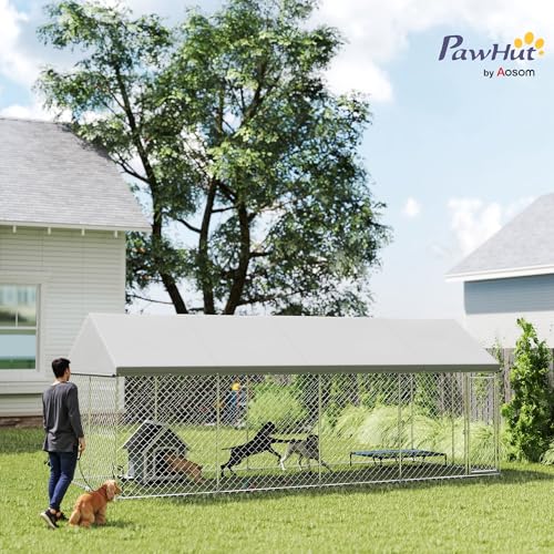 PawHut Outdoor Dog Kennel for Large Breed 20' x 7.5' x 8' w/Secure Lock | Heavy Duty Large Dog Kennel Outside, Waterproof Roof, Galvanized Chain Link Pet Enclosure, for Chicken, Duck - size: 236.2"L x 90.6"W x 94.5"H