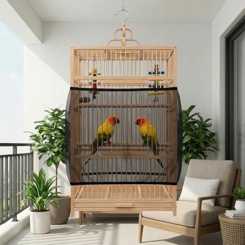 Adjustable Bird Cage Seed Catcher, Black Bird Cage Net Birdcage Cover Skirt Nylon Mesh Netting, Stretchy Birds Cages Guard for Parrot Parakeet Macaw African Any Cages Cover