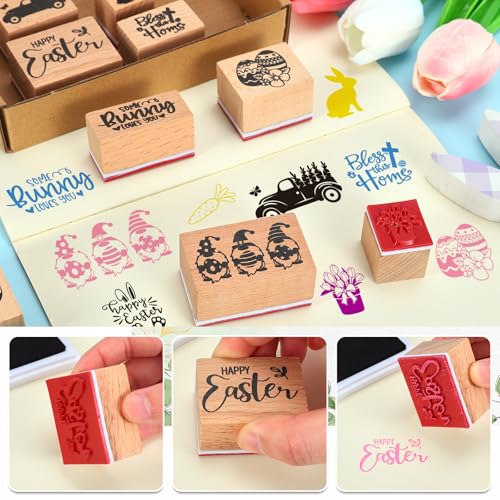 JarThenaAMCS 11 Pcs Easter Wooden Rubber Stamps Spring Tulip Floral Bunny Rabbit Egg Gnome Mixed DIY Craft Stamps for Party Decor Scrapbooking Cards Making - style: Easter