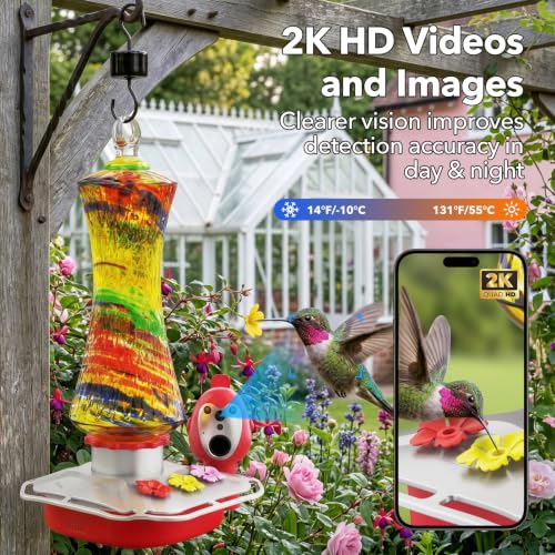 Hummingbird Feeder with Camera, 2K Smart Bird Feeder with AI Bird Detection & App Alerts, Solar Powered Bird Feeder Camera with Water Level Monitor, Hand-Blown Glass Hummingbird Feeder for Outdoors