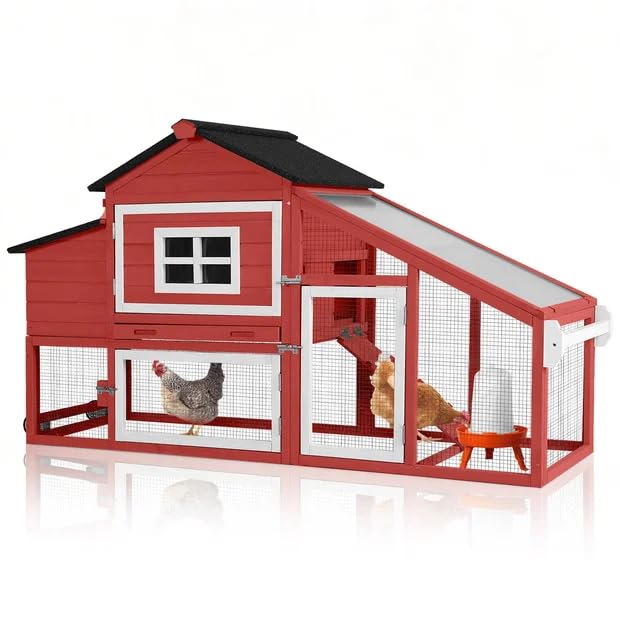 GUTINNEEN Chicken Coop with Wheels, Expandable Hen House Poultry Cage with Run, UV-Protected Roof, Divided Nesting Boxes, Easy One-Person Move, Ideal for 2 Adult Chickens or 4 Bantams, 72.3" L, Red - color: Red, size: 72.3"L x 26"W x 39.8"H