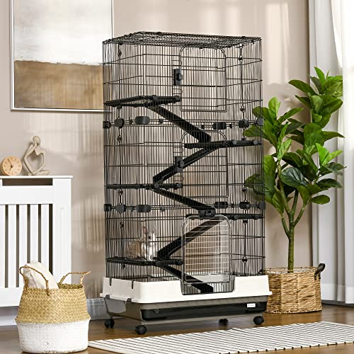 PawHut 59.5" Small Animal Cage with Wheels, 6-Level Portable Bunny Cage, Chinchilla Ferret Cage with Removable Tray, Platform and Ramp | Portable Chinchilla Ferret Cage, Platform, Ramp - size: 53.5"L x 18.0"W x 28.8"H