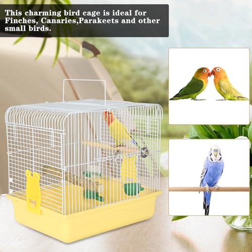 Small Bird Cage for Travel, Parrot Carrier with Handle 9.5"L x 12"W x 12"H | Easy to Assemble, Birdcages with Feeder Cups & Standing Perch for Smaller Birds Conures Lovebird Cockatiel Parakeets, Yellow - color: Yellow