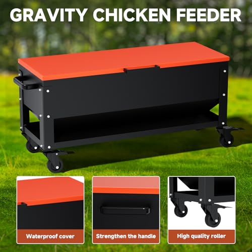 Heavy Duty Chicken Feeder 120 lbs Large Capacity, Metal Automatic Poultry Feeding Box with Waterproof Lid, Raised Standing Feeder with Wheels for Hens & Roosters, Portable & Easy to Move