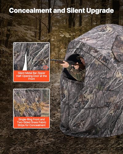 VEVOR Hunting Blind，See Through Ground Blinds with Carrying Bag, 360 Degree Portable Camouflage Tent，Durable Concealed Shelter with Silent Side Door and Window, for Turkey and Deer - size: Single Person