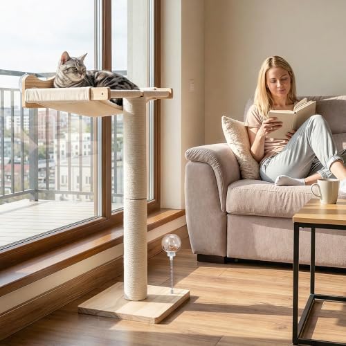 Keaber 44in Cat Scratching Post with Window Perch, Sisal Rope and Cozy Pad | Adjustable Scratching Post for Large Cats, for Climbing Bird Watching Sleeping, Spring Feeding Toy, Washable Cushion