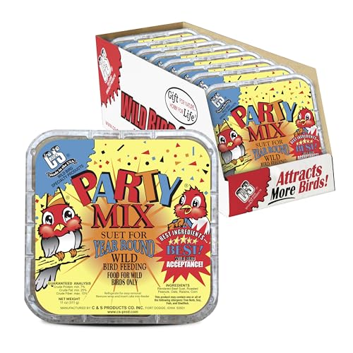 C&S Party Mix Suet Treat, Suet Cakes for Wild Birds, Pack of 8 | Suet cakes for woodpeckers, made with real party mix, use in a suet feeder year-round - style: Party Mix, 8 Pack