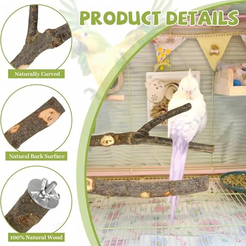 5 Pcs Natural Wood Bird Perch Stand Set for Bird Cages | Ideal for Small/Medium Birds (Budgies, Conures) | Bark Textures for Foot Health | Tool-Free Wing-Nut | Safe Chewing - size: Essential Perch Bundle - 5PCS