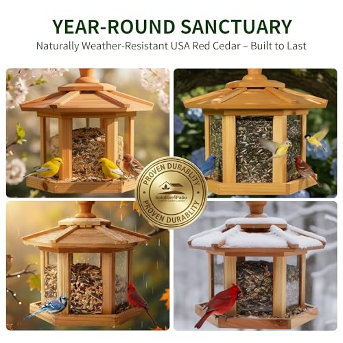 Solution4Patio Bird Feeder for Outdoors - USA Cedar Hexagon Gazebo Bird Feeders with Vented Mesh Tray, Easy-Clean & Fill Design 9.6" Dia. X 8.7" H 3.2-lb Capacity - style: Hexagon Gazebo