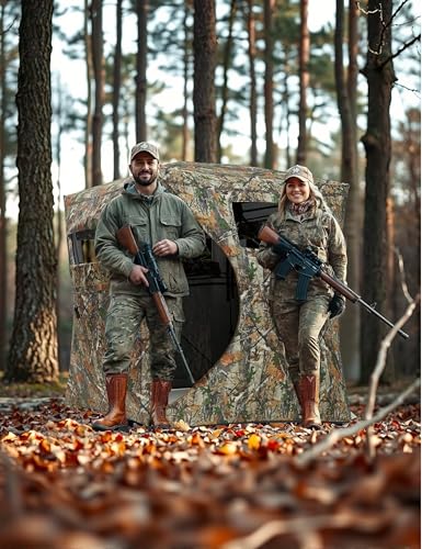 Hunting Blind 270 Degree See Through Ground Blind for Turkey Deer Hunting, 2-3 Person Camouflage Pop Up Hunting Blinds Ground Waterproof Portable Concealed Shelter with Silent Door and Carrying Bag