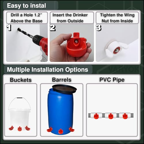 Heavy Duty 12-Pack with Cups Chicken Water Nipples Automatic Chicken Waterer Nipple Horizontal Leak Proof Stable for Poultry Coop Quail Chicks Turkeys Peacocks and Fits 5-Gallon Bucket, PVC Pipes