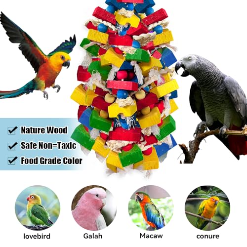 Parrot Toys for Large Birds, Multicolored Wooden Blocks Bird Chewing Toy Parrot Cage Bite Toy for Macaws Cokatoos African Grey and Large Medium Parrot Birds (Block)